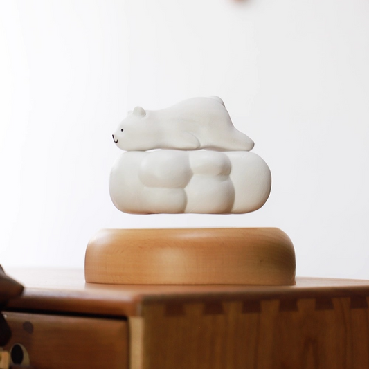 Magnetic Levitation White Cloud Little Polar Bear Flying Solid Wood Carving Trendy Ornament High-end Rotating Display Stand Gift