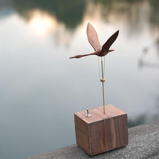 Flying Bird Automata: Handcrafted Walnut Wood Kinetic Art Music Box