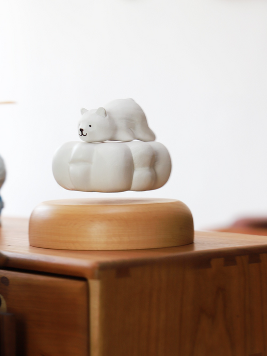 Magnetic Levitation White Cloud Little Polar Bear Flying Solid Wood Carving Trendy Ornament High-end Rotating Display Stand Gift