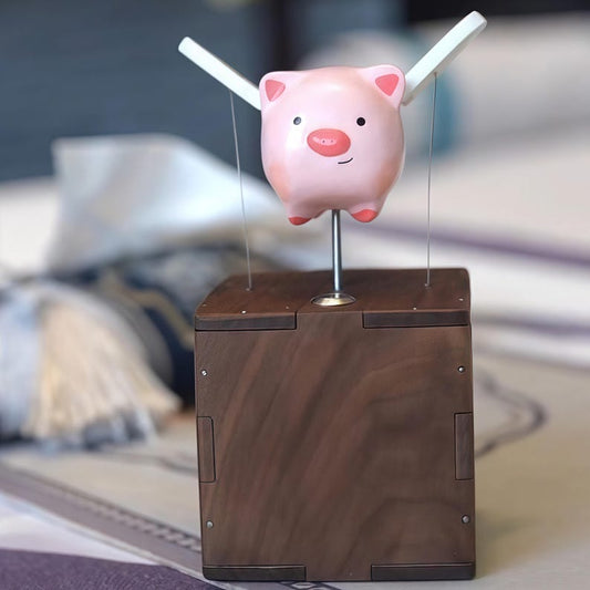 Flying Pig Automata: Handmade Kinetic Wood Sculpture, Whimsical Nursery Decor