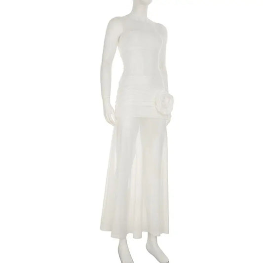 12-Fashion Transparent Rose Long Dress High Waist Pleated Sleeveless Dress Spicy Girl Thin Tube Top Dress Streetwear