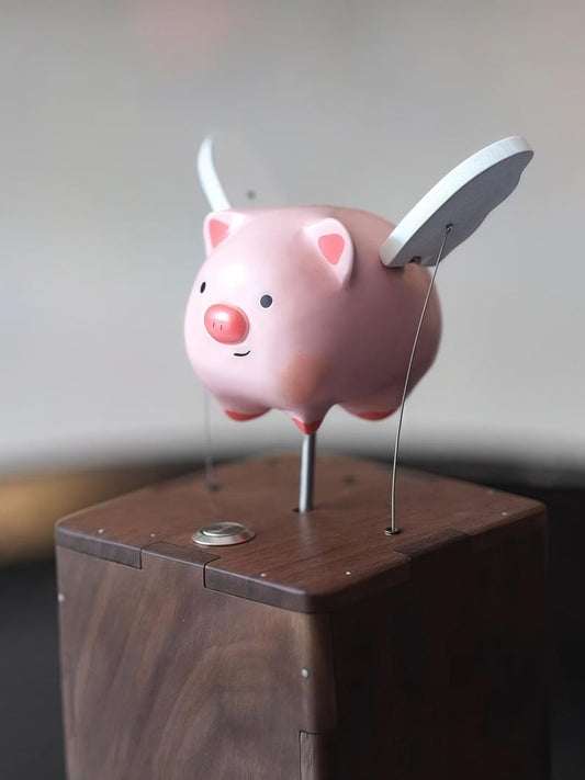 Flying Pig Automata: Handmade Kinetic Wood Sculpture, Whimsical Nursery Decor