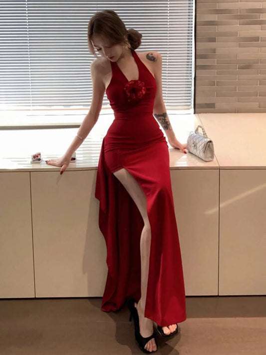 03-Rockmore Elegant Red Party Dresses for Women Fashion Sexy Slit Halter Flower Ruffles Long Bodycons Off Shoulder Evening Robe