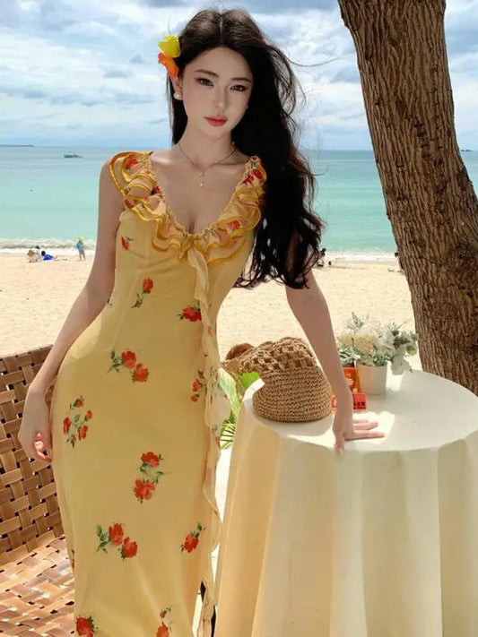 02-Summer Retro Yellow Flower Ruffle Edge Elegant Backless Vest Long Dress Women French New Sleeveless Evening Party Dress Bohemian