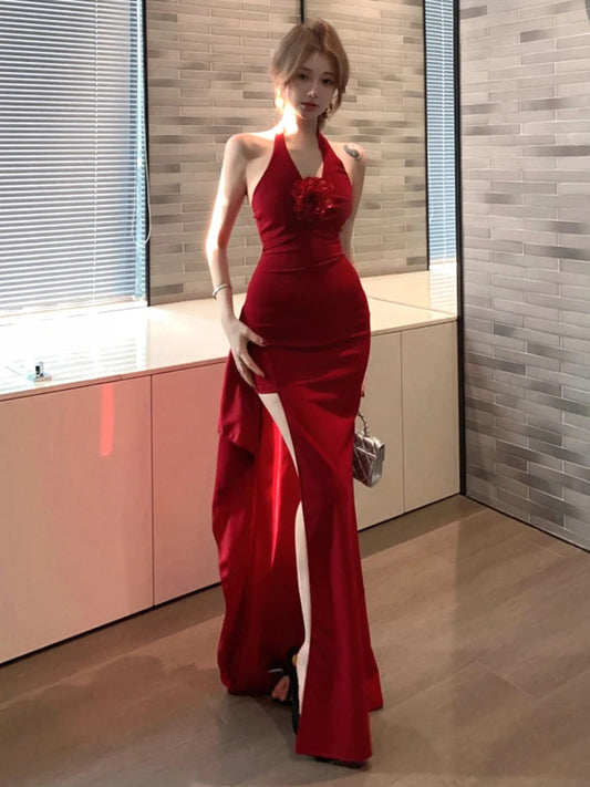03-Rockmore Elegant Red Party Dresses for Women Fashion Sexy Slit Halter Flower Ruffles Long Bodycons Off Shoulder Evening Robe