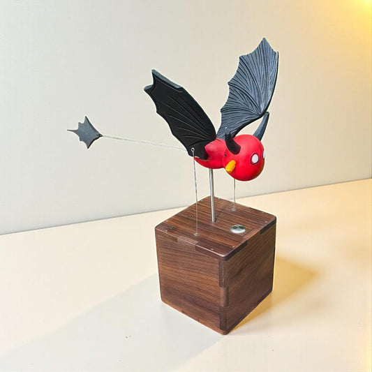 Wooden Devil Automaton: Kinetic Sculpture with Walnut Base