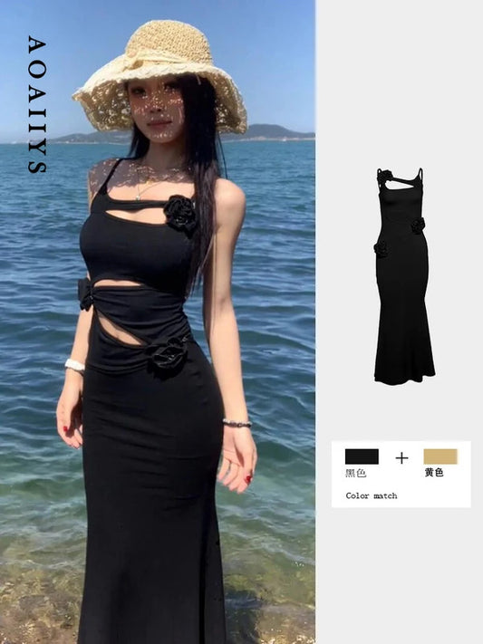 13-Aoaiiys 3D Floral Sexy Dress for Women Long Dresses Hollow Out Sleeveless Slim Simple Fashion Female Korean Comfortable Dresses