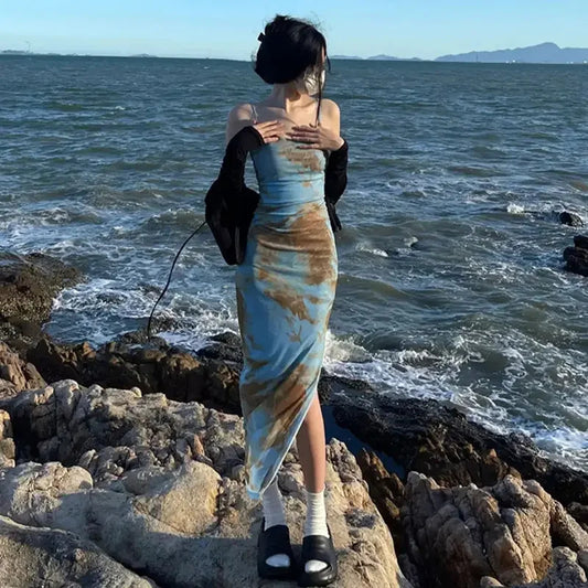17-Summer New Style Women's Long Dress Saree Tie Dye Halter Neck Wrap around Waist Sexy Bodycon Gown Princess Sleeve Ankle Length