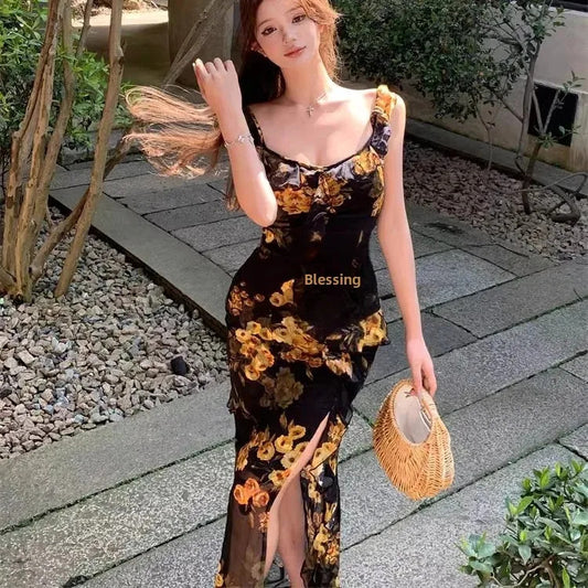 15-Retro Vacation Style Women's Sleeveless Floral Halter Dress A- Line Long Skirt with Lace Trim Slimming Waist Opening