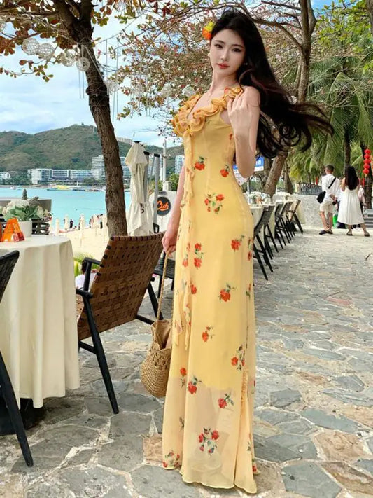 02-Summer Retro Yellow Flower Ruffle Edge Elegant Backless Vest Long Dress Women French New Sleeveless Evening Party Dress Bohemian