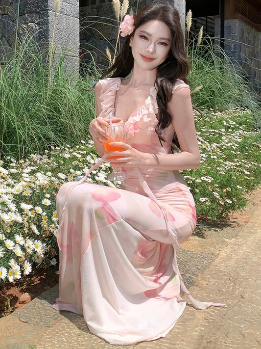 01-Summer Pink Mesh Print Ruffled V-Neck Sling Sexy Dress Women Elegant Luxury Party Vestidos 2025 New Korean Bodycon Beach Dresses