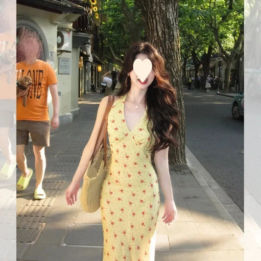 07-Retro V-neck Floral Print Halter Dress Women's Fashion Summer Hong Kong Style Slimming Long Skirt Knee-length Gown