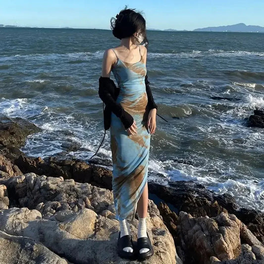 17-Summer New Style Women's Long Dress Saree Tie Dye Halter Neck Wrap around Waist Sexy Bodycon Gown Princess Sleeve Ankle Length
