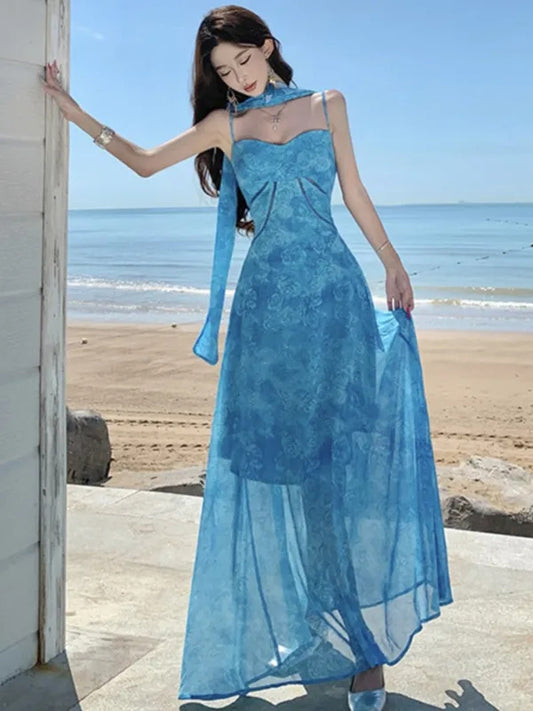 05-Summer Elegant Casual Women Print Dress Halter A-Line Beach Holiday Party Long Robe Female Spaghetti Strap Boho Clothes Vestidos