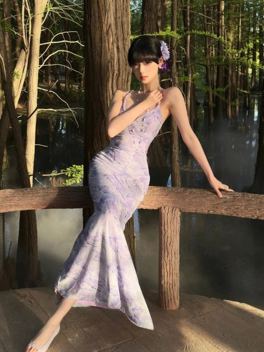16-Sexy Purple V-Neck Sleeveless Low Back Slimming Mermaid Dress Bodycon Floor-Length Evening Gown Sultry Cute Beach Holiday Dress