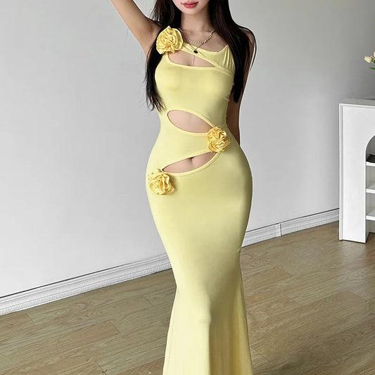 08-Europe and America wind summer new women's solid color slim high waist fashion suspenders sleeveless backless dress