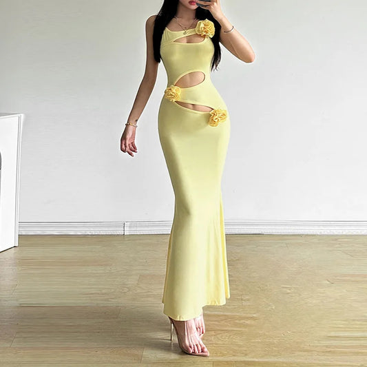 08-Europe and America wind summer new women's solid color slim high waist fashion suspenders sleeveless backless dress