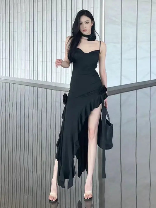 14-French Elegant Ruffle Camis Dress for Women Y2K Sexy Irregular Side Slit Black Dress Gothic Streetwear Slim Hot Girls Vestidos