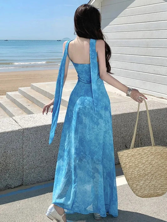 05-Summer Elegant Casual Women Print Dress Halter A-Line Beach Holiday Party Long Robe Female Spaghetti Strap Boho Clothes Vestidos