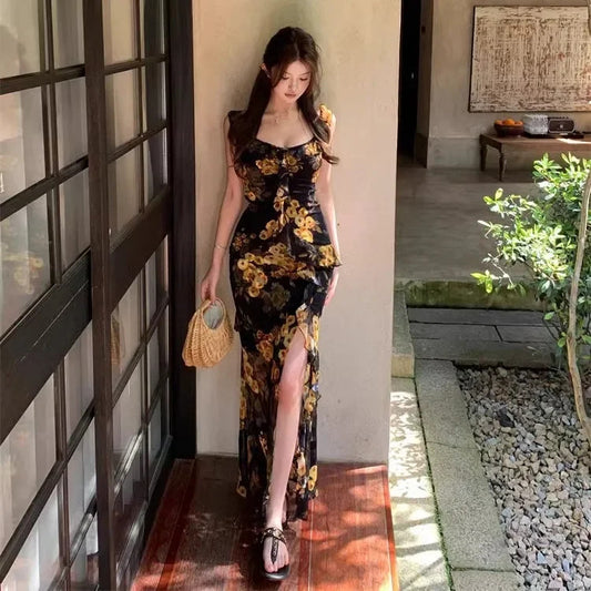 15-Retro Vacation Style Women's Sleeveless Floral Halter Dress A- Line Long Skirt with Lace Trim Slimming Waist Opening